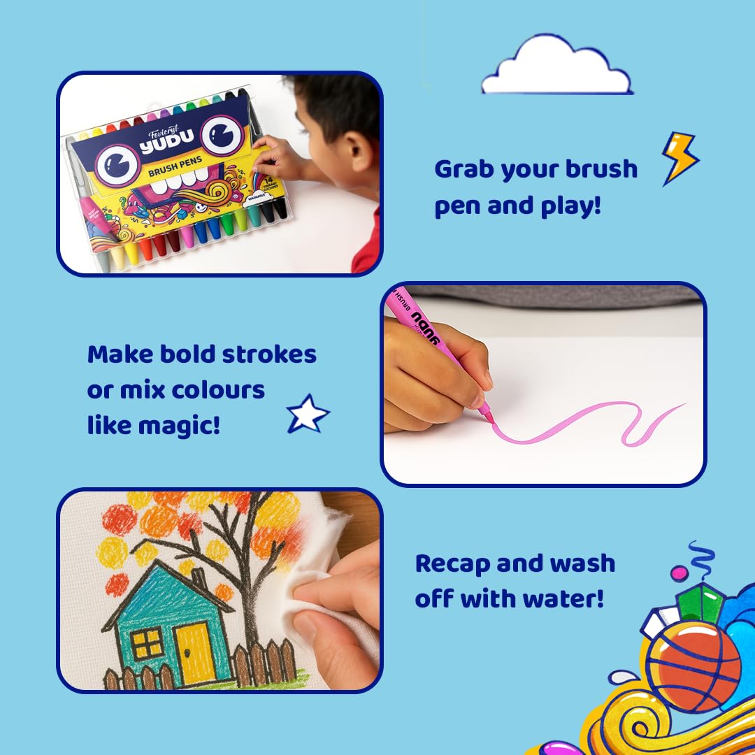 Fevicryl YUDU Brush Pens | Set of 14 Colours | Water-Based, Quick-Drying & Washable | Flexible tip for Calligraphy & Journalling | Ergonomic Design for Kids | Ideal Gift for Kids