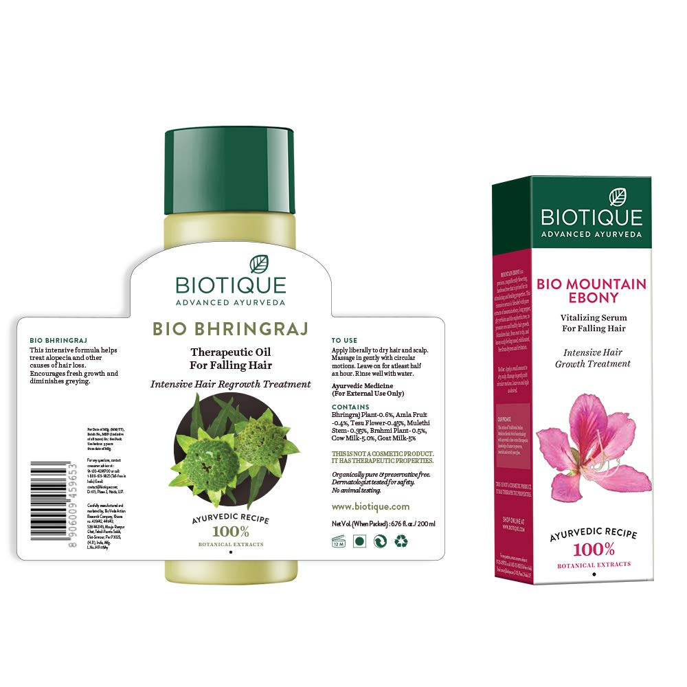 Biotique Bio Bhringraj Fresh Growth Therapeutic Oil, 200ml and Biotique Bio Mountain Ebony Vitalizing Serum For Falling Hair Intensive Hair Growth Treatment, 120ml (Pack of 2)