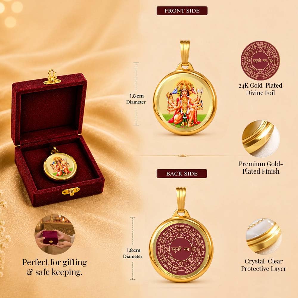DIVINITI 24K Gold Plated Double-Sided Religious Pendant with Premium Gift Box, Spiritual Locket for Men & Women, Devotional Jewellery for Gifting & Everyday Wear | Panchmukhi Hanuman & Yantra - CLR Pendant