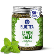 BLUE TEA - Lemon Balm Tea - 50gm - 50+ Cups | RELIEVES STRESS | REDUCES BLOATING | IMPROVES DIGESTION | Leaf Based - Caffeine Free - Relaxing | Reusable Pet Jar
