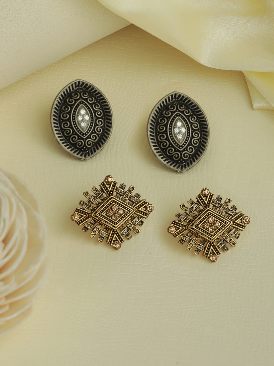 Priyaasi Stylish Studded Silver and Gold Plated Stud Earring Set of 2 for Womens - Modern Stylish Fashionable Earrings for Engagements, Anniversaries, Birthdays