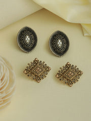 Priyaasi Stylish Studded Silver and Gold Plated Stud Earring Set of 2 for Womens - Modern Stylish Fashionable Earrings for Engagements, Anniversaries, Birthdays