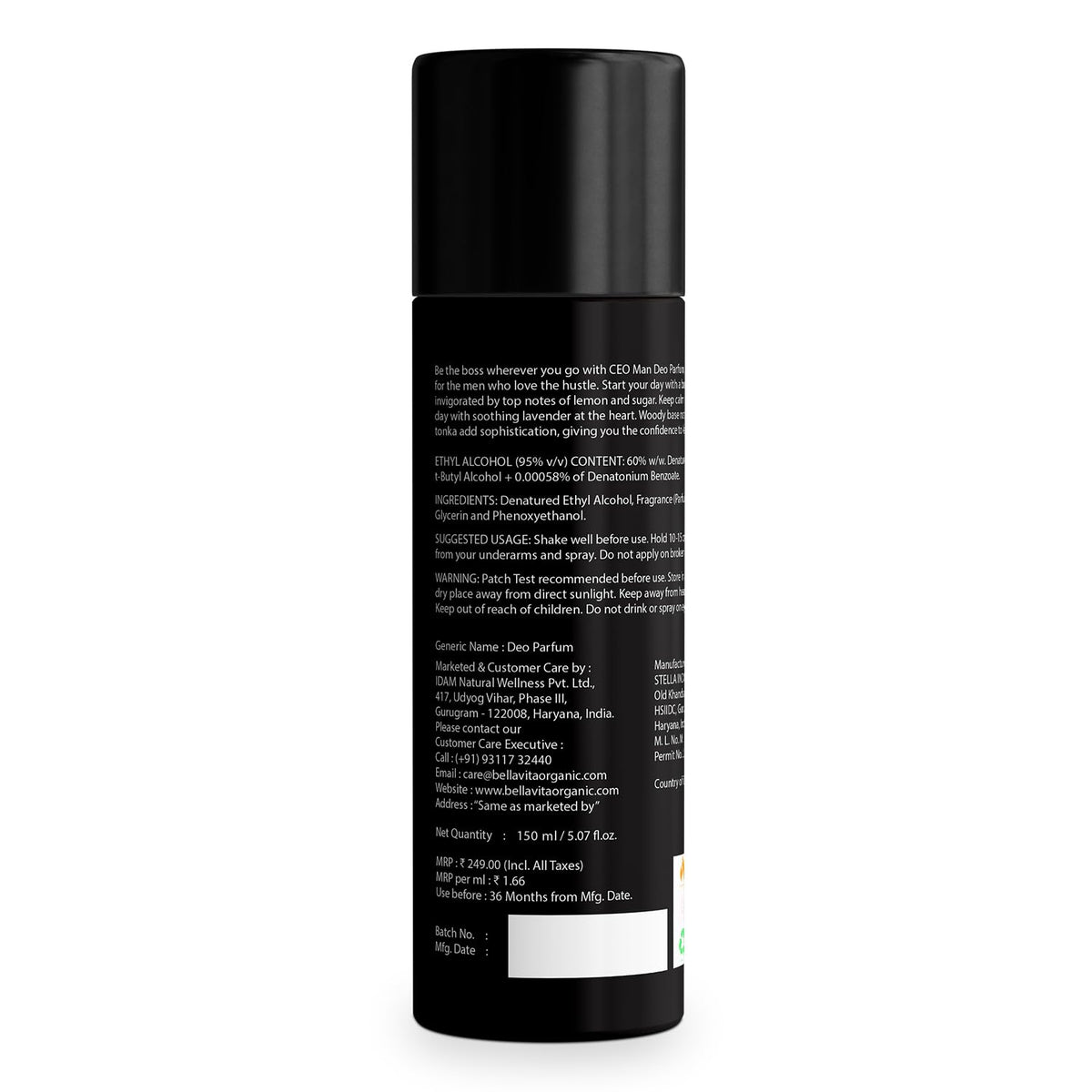Bella Vita Luxury Male Spray CEO Man Body Perfume 150ml | Premium No Gas Deo for Man | Long Lasting Office Fragrance with Tonka, Agarwood & Sophisticated Masculine Notes