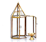 DSH Brass Diya for Pooja with Glass Cover Lantern, Decorative Brass & Glass Akhand Deepak Oil Lamp,Tea Light Holder Lantern for Durga Pooja & Diwali