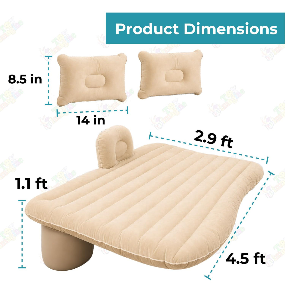 Toy Imagine Inflatable Car Mattress with Pump & 2 Pillows for Travel, Beige