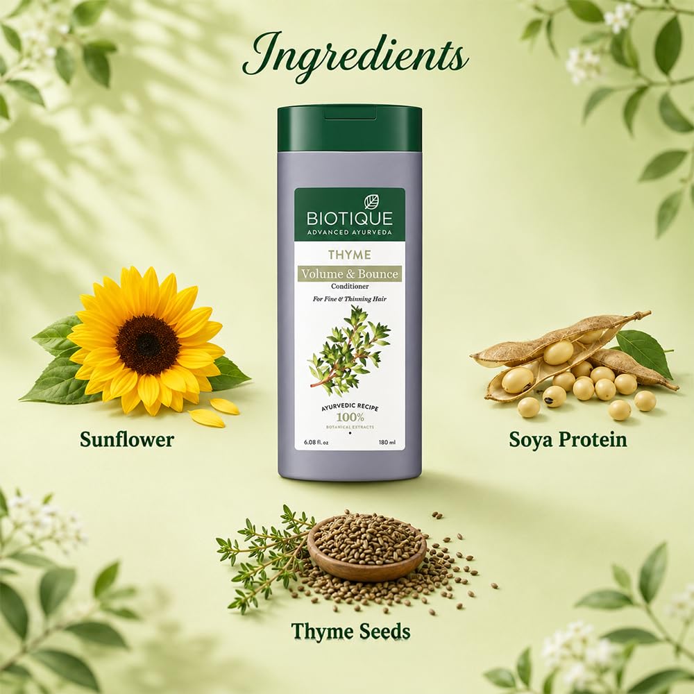Biotique Thyme Volume Conditioner For Fine And Thinning Hair | Gives Volume And Bounce To Hair | Helps In Thicken Follicles |Suitable For All Skin Types | 180Ml, Peppermint, 180 Millilitre