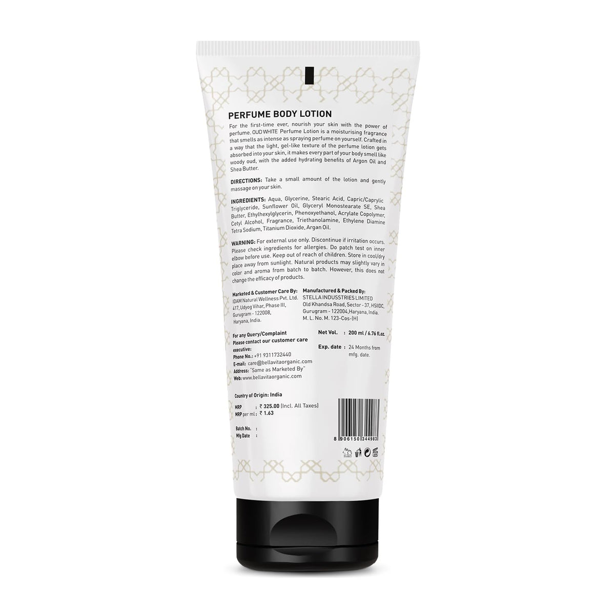 Bella Vita Luxury OUD WHITE Perfume Body Lotion for Nourishing, Hydrating, Soft, Supple,Healthy Skin with Argan Oil and Shea Butter 200 Ml