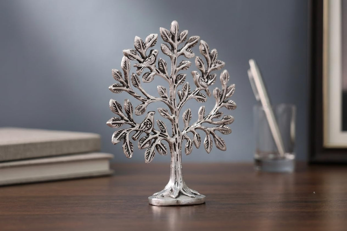 KridayKraft Metal Kalpavriksha Tree for Home Decor - Golden Wish Fulfilling Tree Metal Showpiece for Temple, Vastu, Office Table & Gifting Banyan (No 0 Silver)