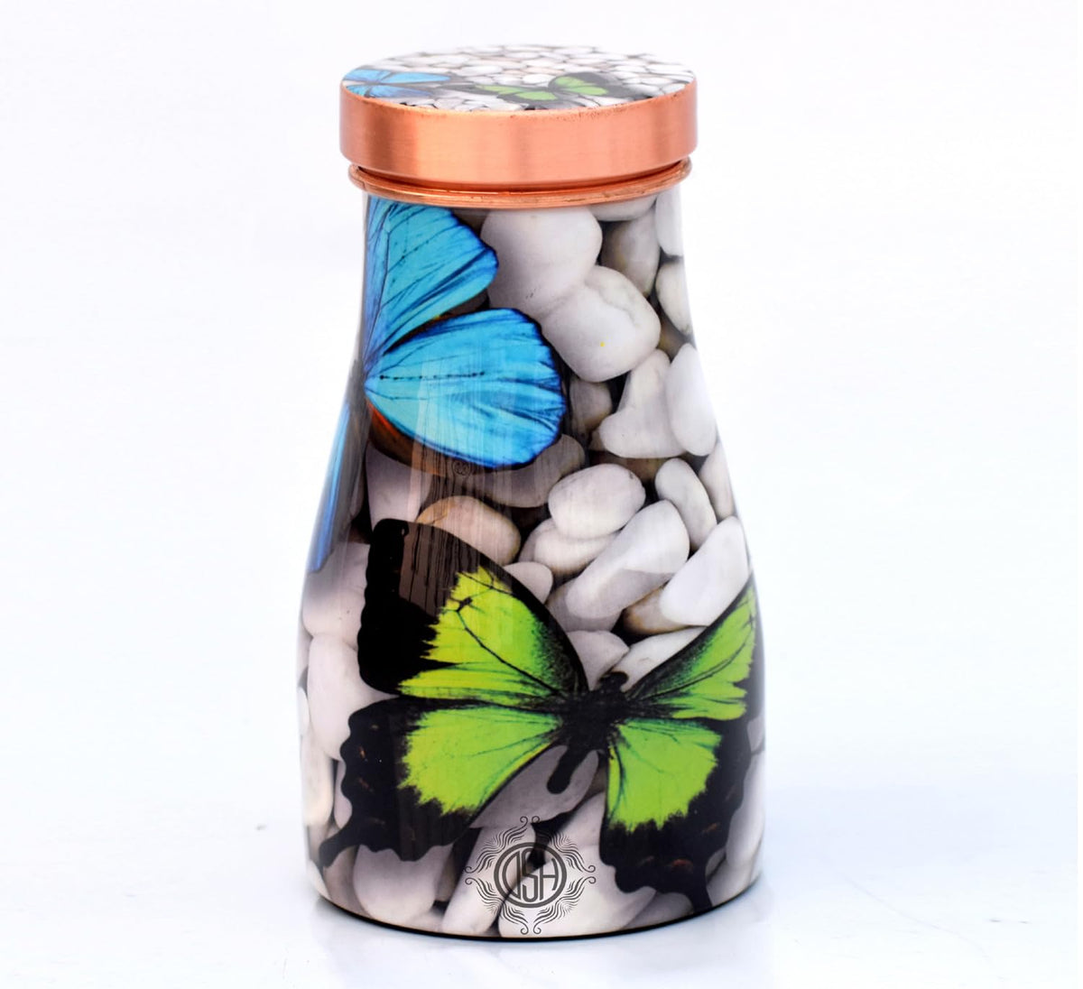 DSH Copper Bedroom Bottle Printed Jug with Inbuilt Glass, Bedside Jar Pot, Joint Free Pure Copper, Designer Printed,(950 ML)
