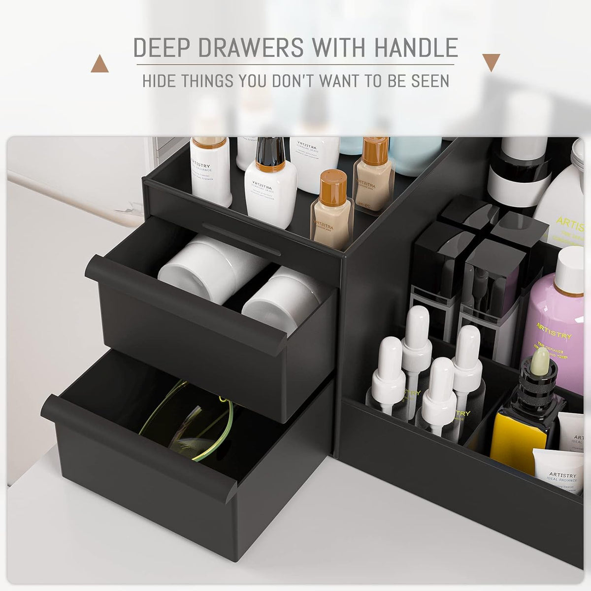 E-COSMOS Large Capacity Cosmetic Storage Box Makeup Drawer Organizer Jewelry Nail Polish Makeup Container Desktop Sundries Storage Box, Plastic (Black)
