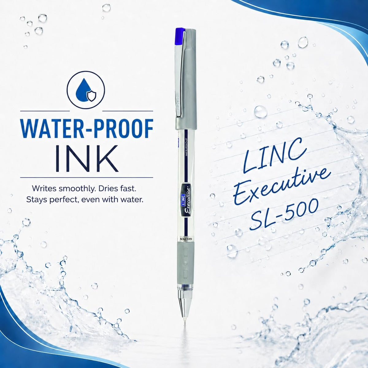 LINC 0.55mm Executive SL-500 Gel Pen | Water-Proof Ink & Textured Grip (Blue Ink, Pack of 20)