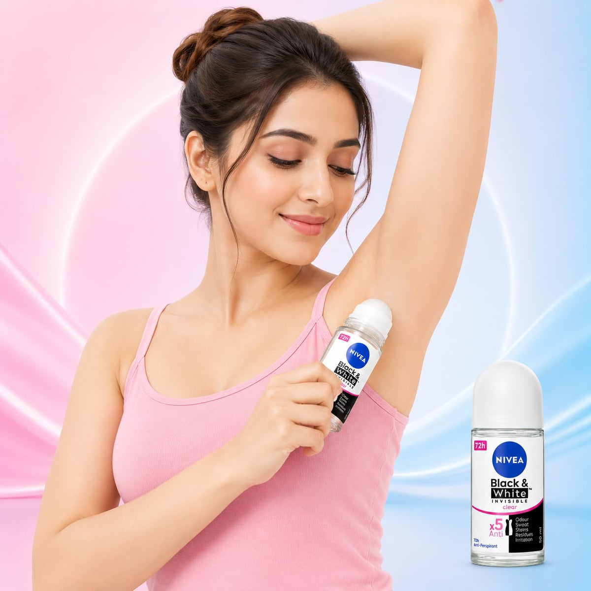 Nivea Black & White Invisible Clear Anti-Perspirant Roll On 50ml | 5 in 1 Protection with 72H Sweat & Odor Control | Anti Stain Deodorant for Women