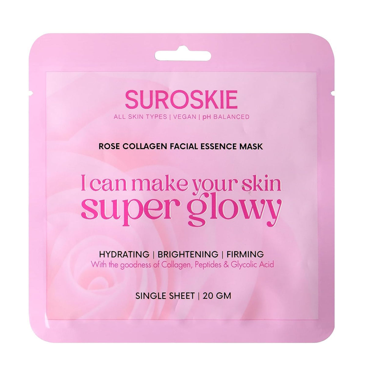 Suroskie Rose Collagen Facial Essence Mask – Korean Brightening Sheet Mask With Real Rose Extract & Anti-Aging Collagen | Intense Hydration, Firming Glow, Radiance Boost For Dull, Dry, Tired Skin