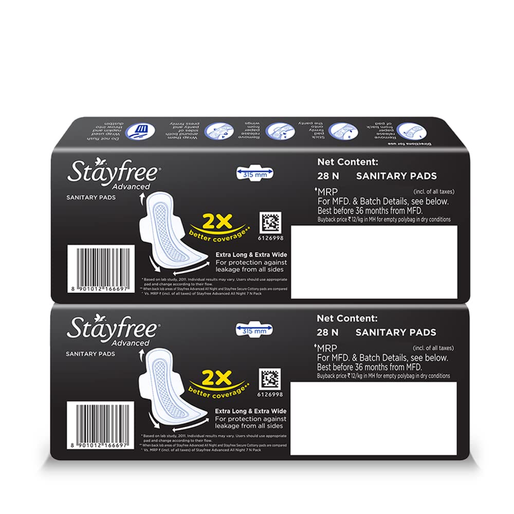 Stayfree Advanced XL All Night Sanitary Napkins (56 Count-Pack of 2, 28 Count)