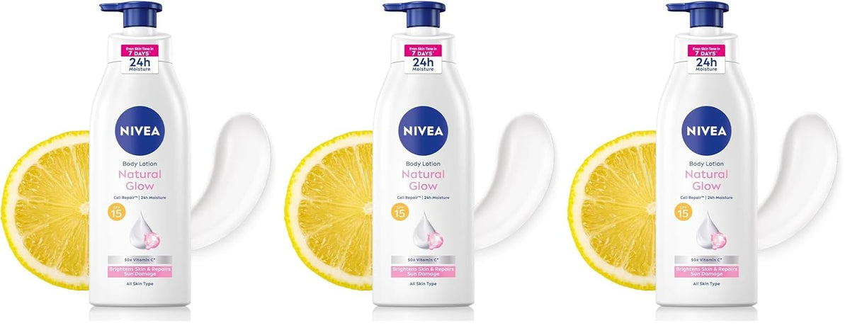 NIVEA Body Lotion Natural Glow, Cell Repair, Spf 15 & 50X Vitamin C 400ml (Pack of 3)