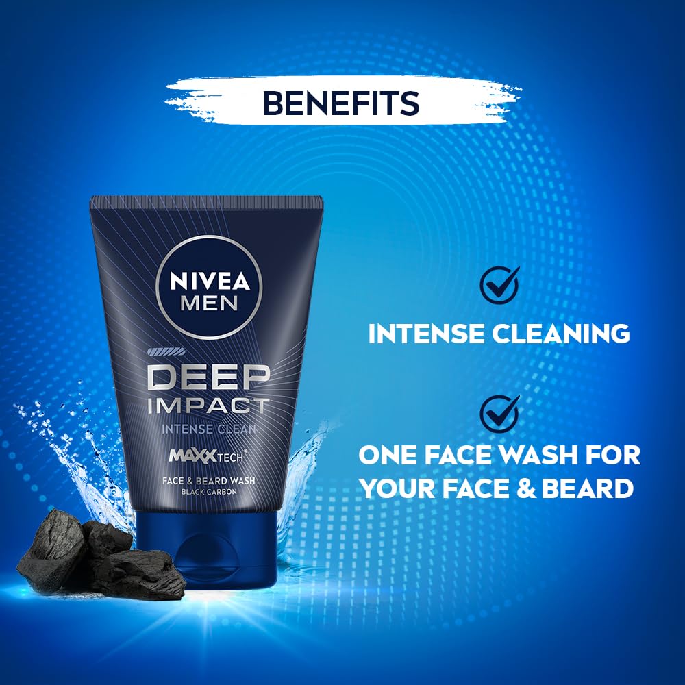 NIVEA MEN Deep Impact Face Wash 100g | With Black Carbon | Intense Clean, For Beard & Face | Removes Oil and Impurities