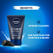 NIVEA MEN Deep Impact Face Wash 100g | With Black Carbon | Intense Clean, For Beard & Face | Removes Oil and Impurities