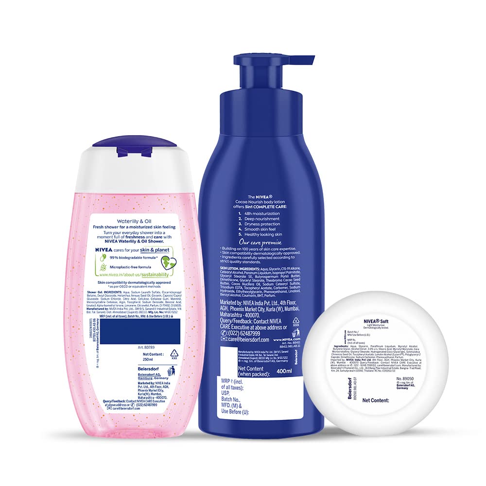 NIVEA Complete Regime Kit - Soft 300ml Moisturizing Cream, Body Milk 400ml Nourishing Lotion & Water-Lily Flower 250ml Refreshing Shower Gel
