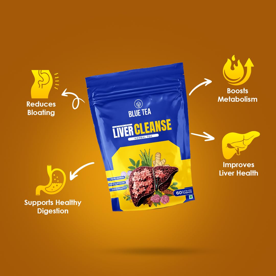 BLUE TEA - Liver Cleanse Tea - 60 Tea Bags - Plant Based | Helps with Fatty Liver Detox | Improves Liver Health | Milk Thistle, Manjistha, Haritaki, Pippali | Caffeine Free - Herbal Tea | Ziplock Pack