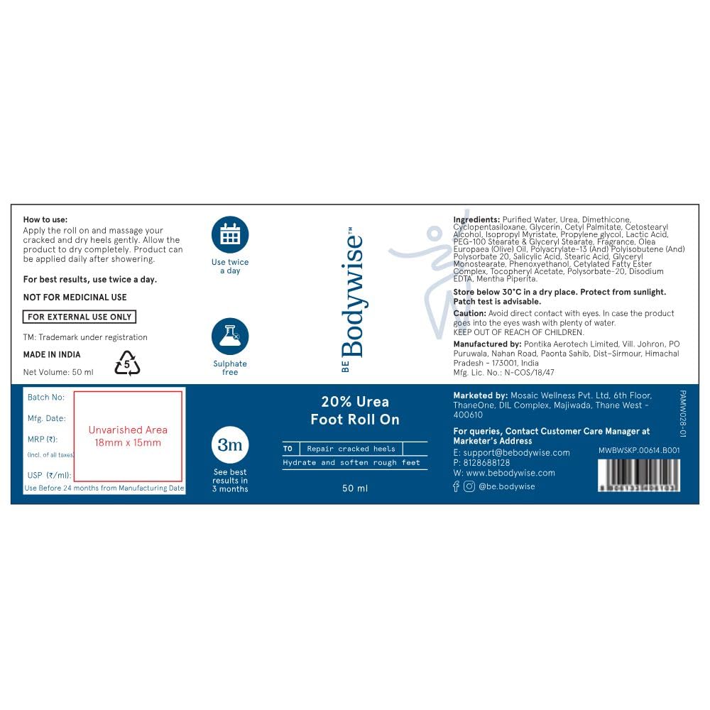 Be Bodywise Dry Skin & Heel Repair Kit | Deeply Hydrates & Exfoliates Skin | Infused with Ceramides | 20% Urea Foot Roll On (50ml) + 10% Urea Body Lotion (200ml)