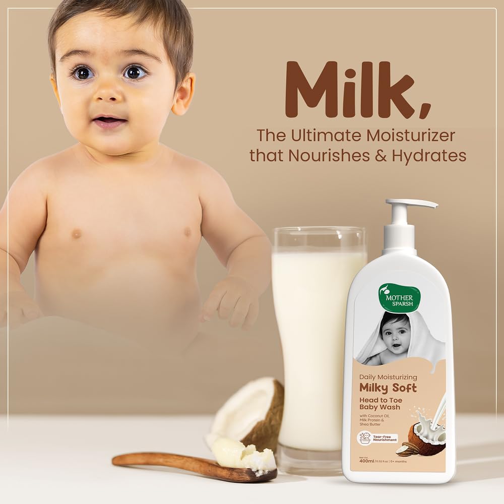 Mother Sparsh Milky Soft Head to Toe Baby Wash -200ml with Milk Protein & Shea Butter | Tear Free 2 in 1 Natural Body Wash & Shampoo for Babies