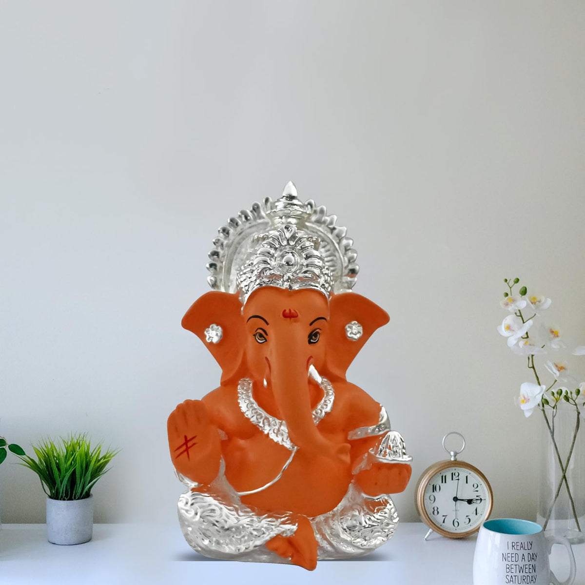 DIVINITI 999 Silver Plated Ganesh Idol for Office Desk Puja Room God Ganesha Idol for Home Decor Ganpati for Gift Office Table Shelves Gifting Idol (8.89 x 5.08 cm) (Mango Yellow), Religious