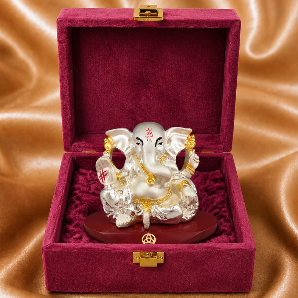 DIVINITI 999 Silver-Plated Lord Ganesha Idol with Gold Accents | Ganpati Murti for Car Dashboard, Home, Office & Puja Room | Diwali & Housewarming Gift with Premium Gift Box | 5 x 7 CM