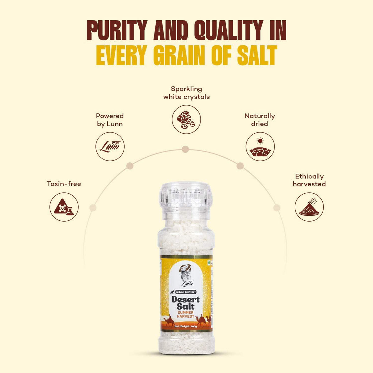 Urban Platter Summer Harvest Desert Salt Grinder, 200g (Powdered by Lunn | Summer Harvest | Sparkling White Crystals | Longer Dried Salt)