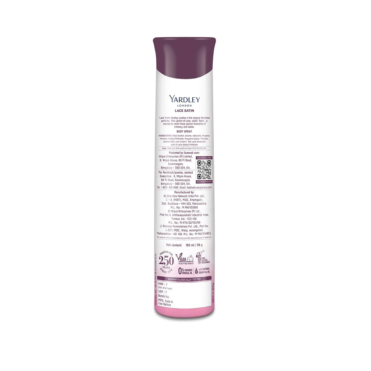 Yardley London Lace Satin Perfumed Deodorant Body Spray| Fresh Floral Scent| 90% Naturally Derived| Deo Spray| Body Deodorant for Women| 150ml
