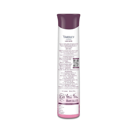 Yardley London Lace Satin Perfumed Deodorant Body Spray| Fresh Floral Scent| 90% Naturally Derived| Deo Spray| Body Deodorant for Women| 150ml