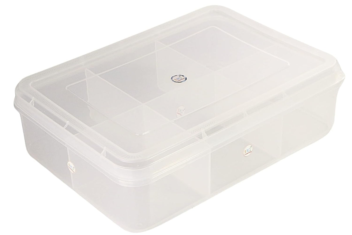 NMII Multipurpose Plastic Storage Box with Partitions | Transparent Organizer with Secure Lid | Ideal for Stationery, Craft Supplies, Tools, and Jewellery, Accessories | Lightweight-(6 Partitions)