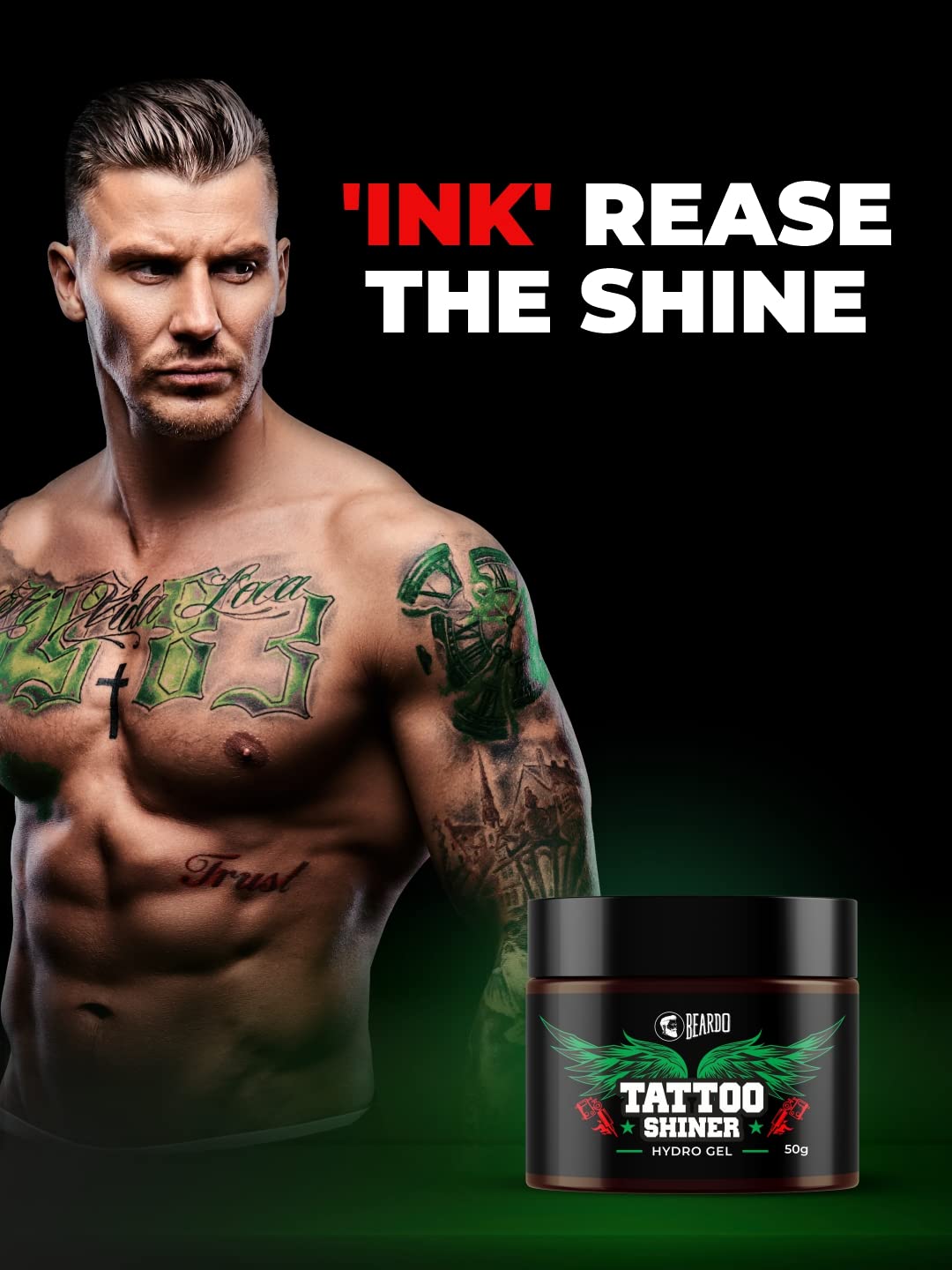 Beardo Tattoo Shiner Gel, 50g | Hydro Gel Heals & Maintains Tattoo Ink | Tattoo Gel for Men with Almond Oil & Turmeric Extract | Brightens & Shines Tatoo for Men