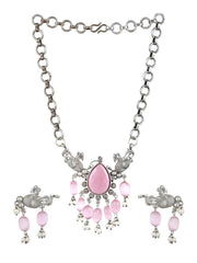 Priyaasi Peacock Pink Stone Studded Oxidised Silver Jewellery Set