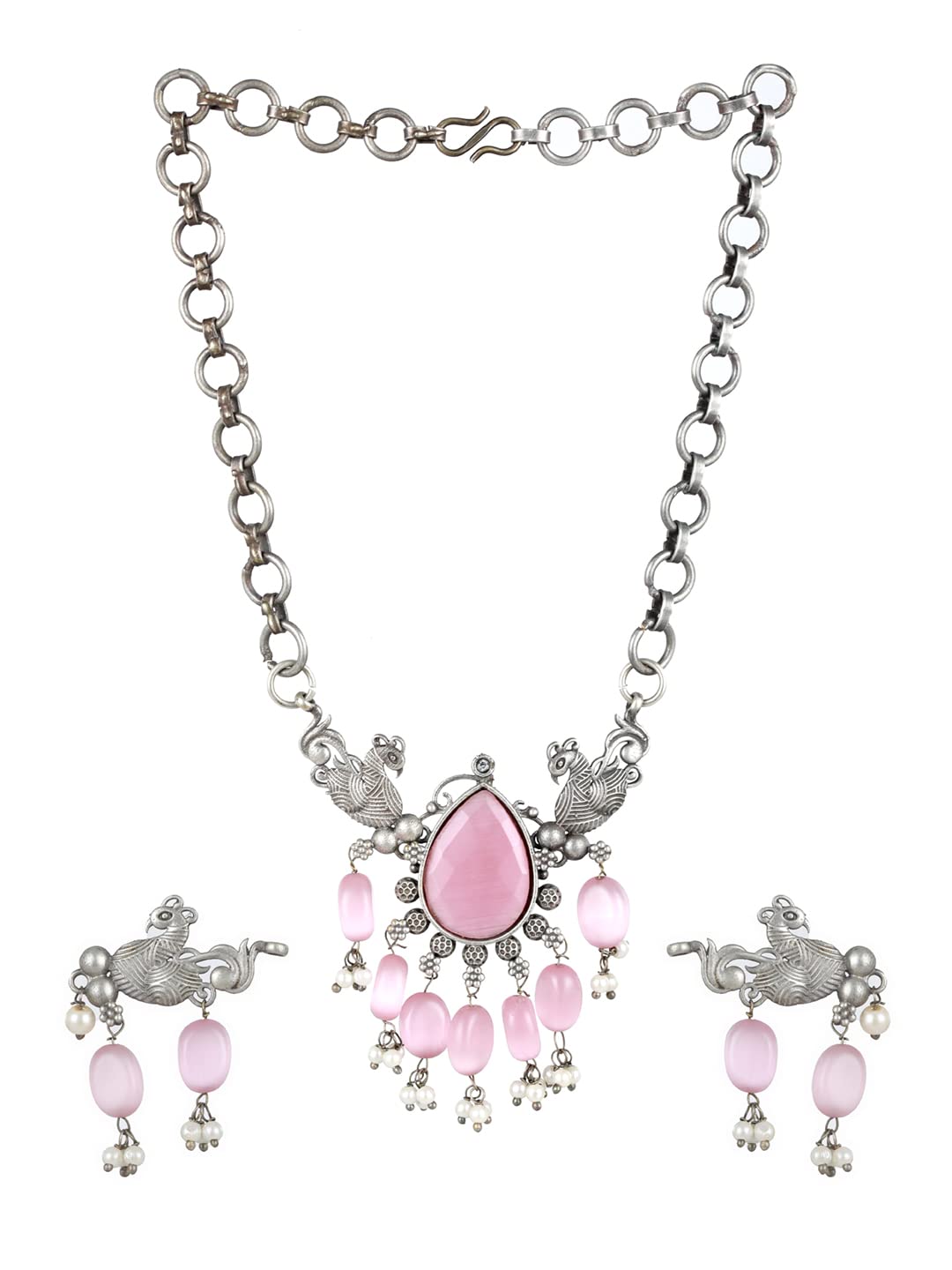 Priyaasi Peacock Pink Stone Studded Oxidised Silver Jewellery Set