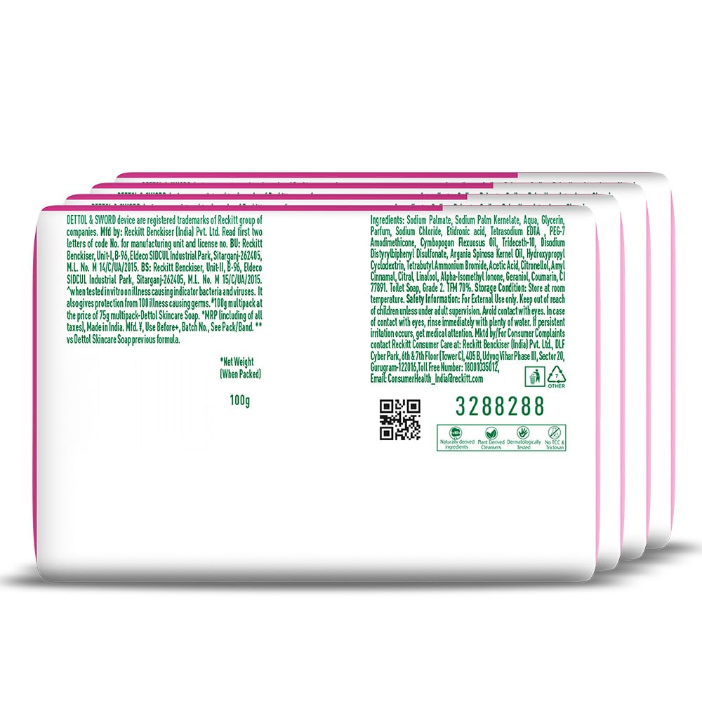 Dettol Skincare Moisturizing Beauty Bathing Soap Bar with Argan Oil (400gm) | Softer Skin, 100gm, Pack of 4