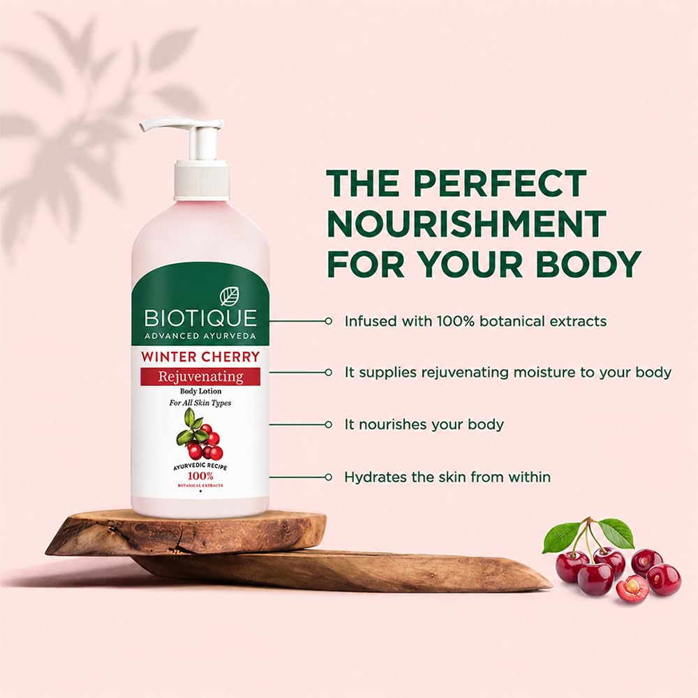 Biotique Winter Cherry Rejuvenating Body Lotion | Moisturizes and Hydrates the Skin | Prevents Ageing, Wrinkles and Dark Spots| 100% Botanical Extracts| Suitable for All Skin Types | 300ml