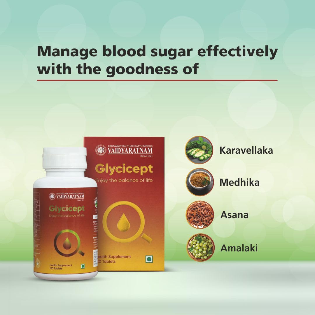 Vaidyaratnam Glycicept Tablets | Natural Support for Healthy Blood Sugar Levels | Regulates Glucose, Enhances Metabolism & Delays Sugar Absorption | Ayurvedic Nutraceutical | 60 Tablets