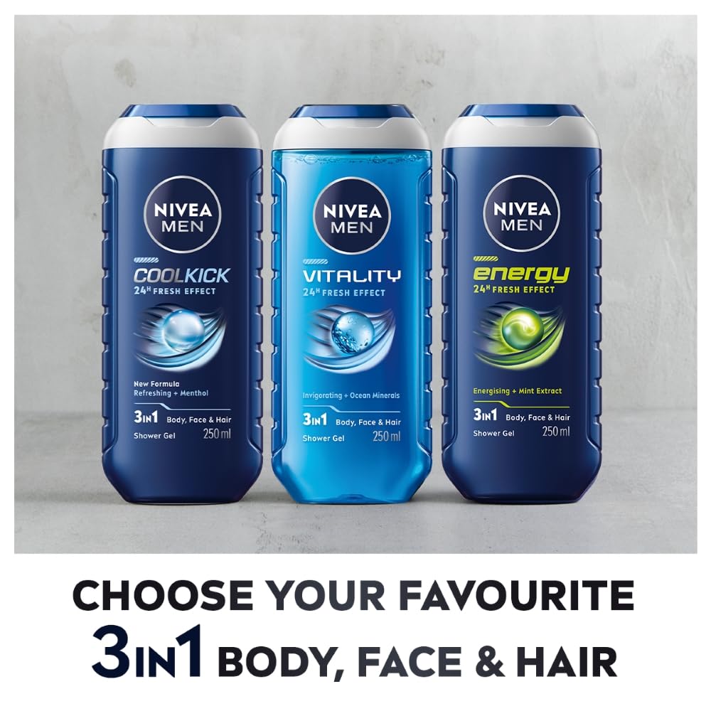 NIVEA MEN Vitality Fresh 250ml Body Wash| Shower Gel for Face, Body & Hair| Power of Ocean Minerals| Long Lasting Summer Freshness |Clean, Healthy & Moisturized Skin