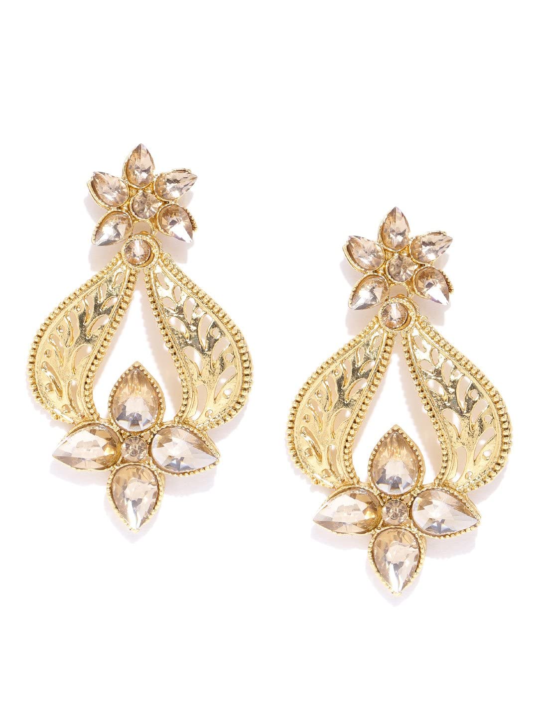 Priyaasi Gold-Plated Stones Studded Floral Drop Earrings