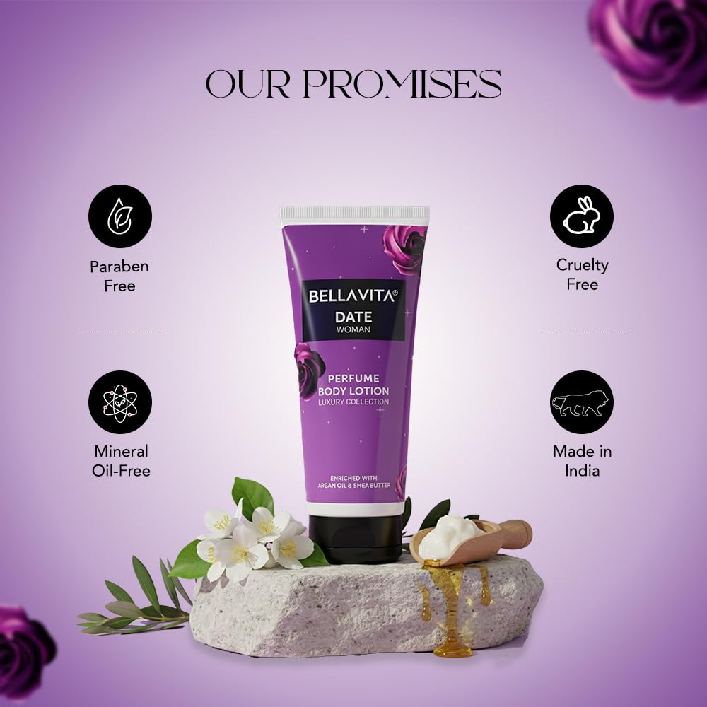 Bella Vita Luxury Date Woman Body Perfume Lotion for Nourishing, Hydrating, Soft, Supple,Healthy Skin with Argan Oil and Shea Butter 200 ml