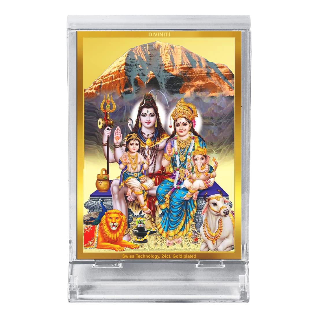 DIVINITI 24K Gold Plated Religious Car Dashboard Frame | Premium God Idol Frame for Car, Home Mandir & Office Table | Spiritual Gift, Decorative Showpiece | Shiv Parivar
