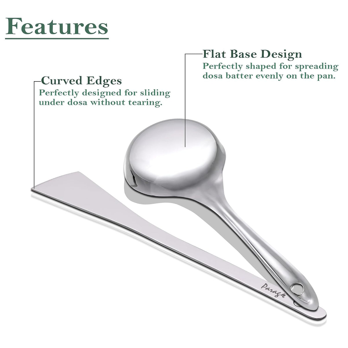 Parage 2 Pieces Stainless Steel Dosa Ladle & Turner/Palta Heavy Gauge | Dosa Making Spoon with Flat Base and Spatula | Kitchen Tools for Cooking (Size-20.5cm, 31.5cm, Silver)