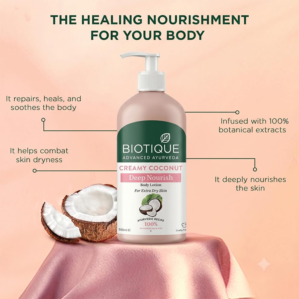 Biotique Creamy Coconut Deep Nourish Body lotion For Extra Dry Skin | Heals, Repairs, and Soothes the Skin | Moisturizing and Skin-Humidifying | 100% Botanical Extracts| All Skin Types | 300ml