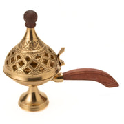 DSH Brass Loban Burner Home Purifying Dhoop Dani Bakhoor Holder Table Incense Burner with Wooden Handle for Home Decoration