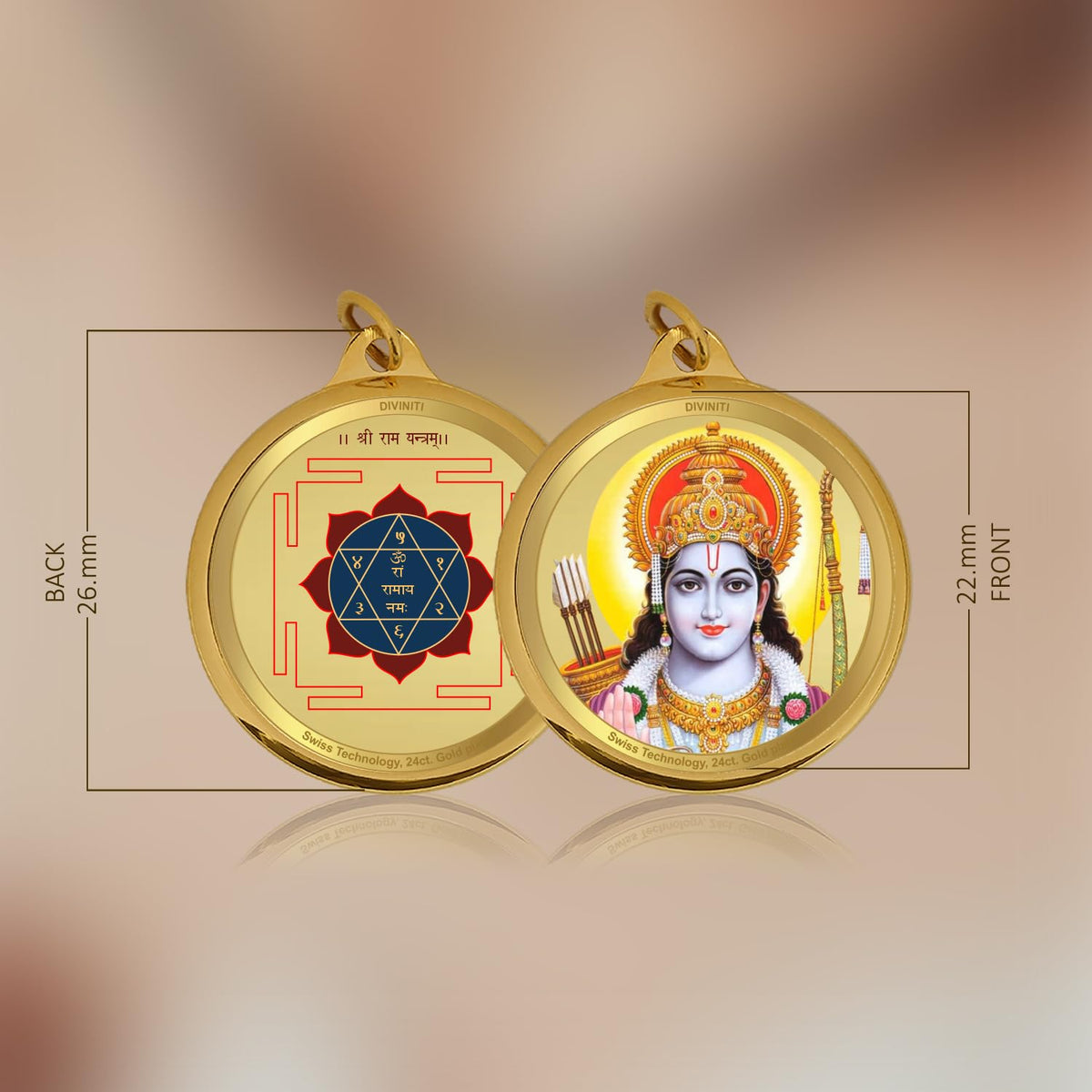 Diviniti 24K Gold Plated Ram Ji & Yantra Pendant For Men, Women & Kids 22 MM Double Sided Stylish Pendant Necklace For Girls Divine God Pendant For Birthday Gift, Anniversary Gift