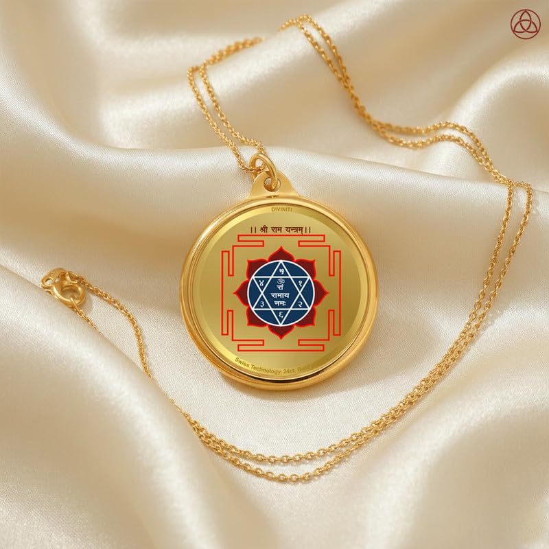 Diviniti 24K Gold Plated Ram Ji & Yantra Pendant For Men, Women & Kids 22 MM Double Sided Stylish Pendant Necklace For Girls Divine God Pendant For Birthday Gift, Anniversary Gift