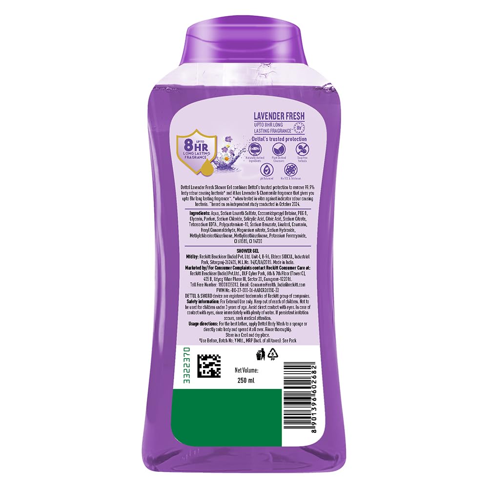 Dettol Body Wash and Shower Gel for Women and Men, Lavender Fresh- 250ml | 8hr long lasting fragrance