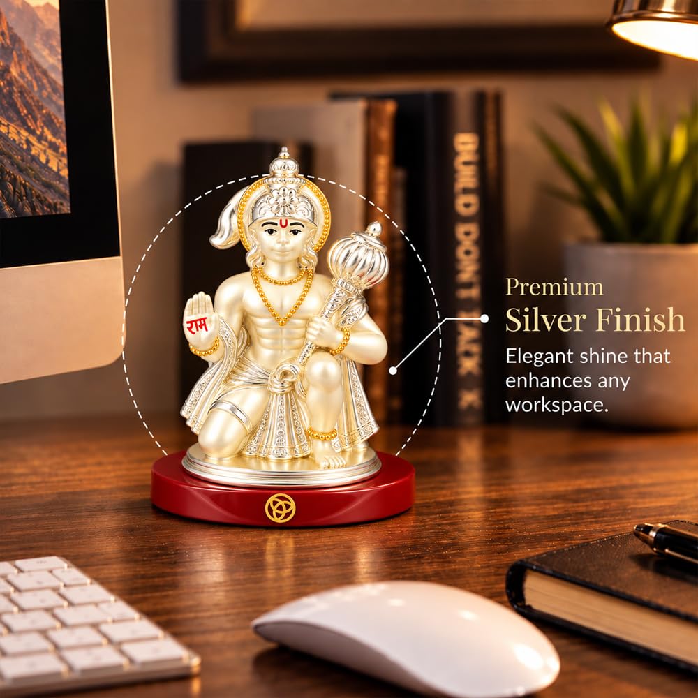 DIVINITI Premium Lord Hanuman Idol with Silver-Tone Finish & Gold Accents | Bajrangbali Idol with Gada, Ram Blessing Hand, Stable Base & Premium Gift Box | Home, Mandir & Gifting | 8.5 x 6.5 cm