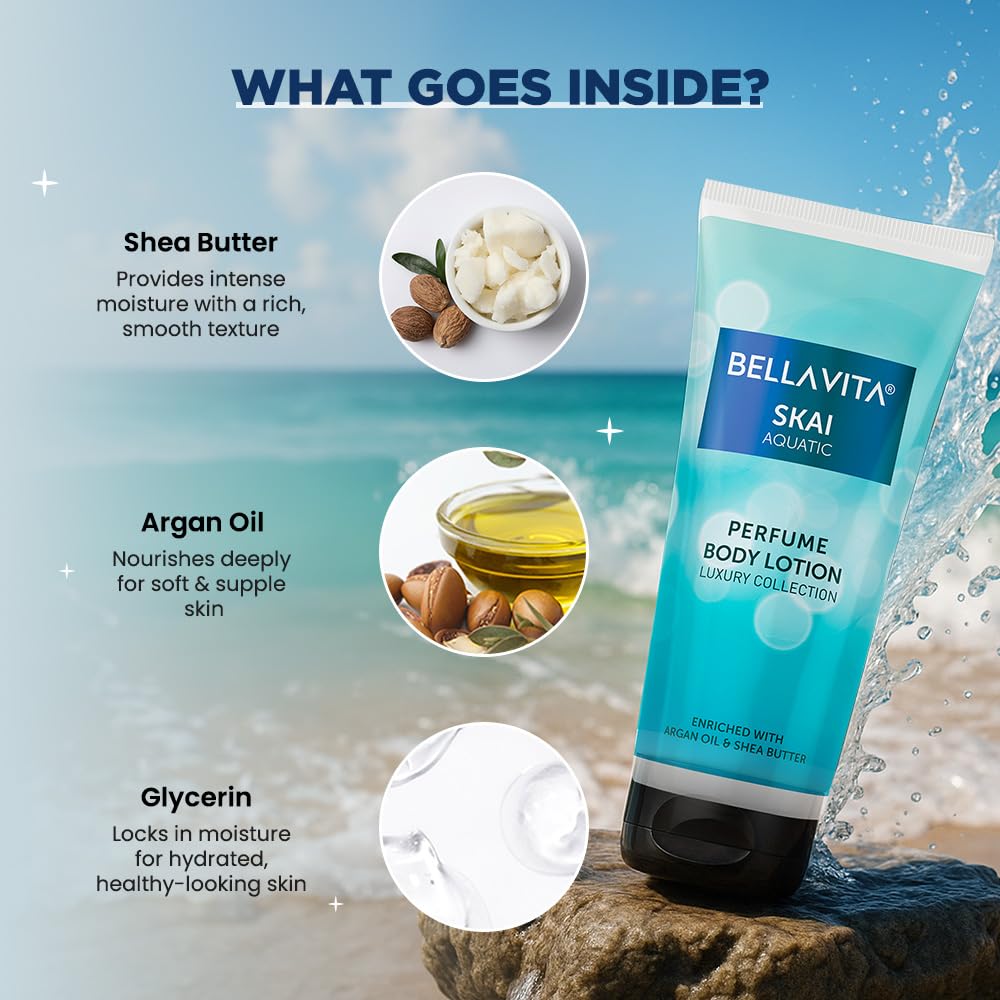 Bella Vita Luxury Skai Aquatic Perfume Body Lotion for Nourishing, Hydrating, Soft, Supple and Healthy Skin with Argan Oil, Shea Butter 200 Ml