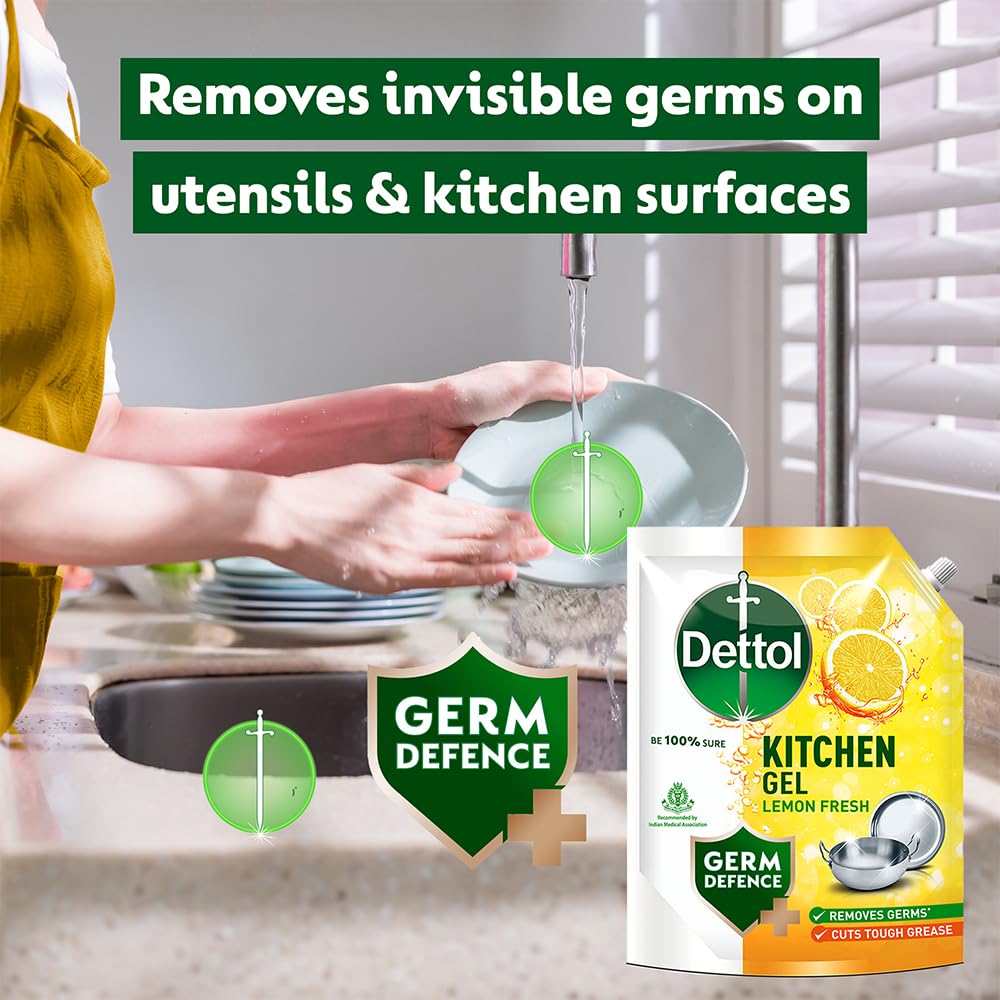 Dettol Lemon Fresh Dishwash liquid and Kitchen Gel | Cuts Tough Grease | Remove germs | 1500ml, (Refill Pack) (Pack of 2)